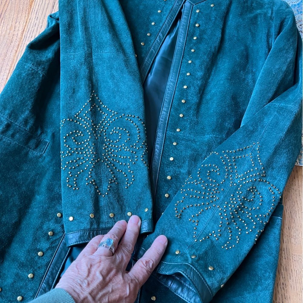 Linea Louis DellOlio Leather Studded Jacket Emerald Green Vintage Blazer Coat - Picture 10 of 11